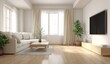 © ani - Bright, minimalist living room with light beige sofa, wooden coffee table, and large window