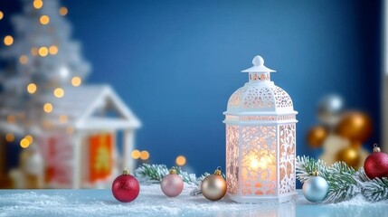 Wall Mural - beautiful festive christmas backdrop with lanterns, ornaments, and wintery bokeh highlights
