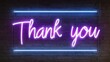 © Vlad - Thank You Purple Neon Sign on Brick Wall. Blue Glow and 3D Illustration. Trendy Design for Appreciation.