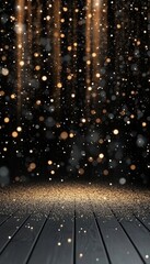 Wall Mural - Golden stage with vertical light beams and sparkling particles, creating a magical spectacle.