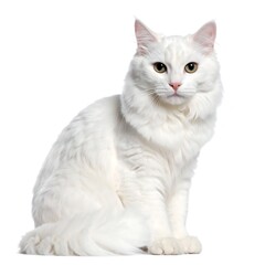  A long-haired white cat sits against a white background, looking directly at the viewer