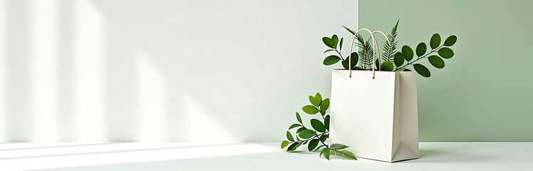 Wall Mural - delicate green paper gift bag set crisp white background filled lush greenery illuminated soft natural light