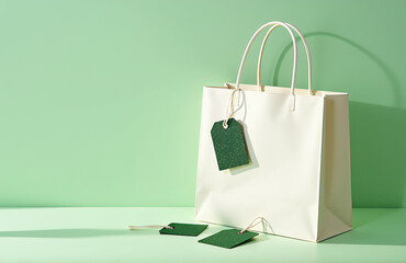 Wall Mural - shot white tote bag green glitter gift tags scattered top soft light green background gently lit natural