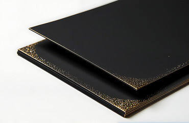 Wall Mural - stacked black paper sheets intricate gold glitter edges catching light soft white background amidst minimalist