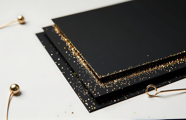 Wall Mural - stacked black paper sheets intricate gold glitter edges catching light soft white background amidst minimalist