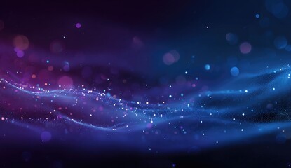 Abstract dark purple and blue background with flowing, shimmering particles and bokeh