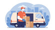 © KBTO - Illustration of a delivery man carrying parcels next to a cargo van with a city skyline in the background. E-commerce shipping concept.