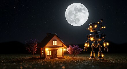Moonlit Robot Guardian: 3D Render of a whimsical night scene.