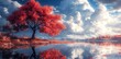 © ikan - Vibrant Red Tree Reflected in Calm Lake with Cloudy Sky