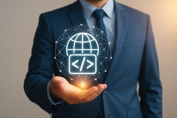 professional businessman in suit holds floating digital coding symbol representing technology and we