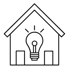 Simple line art icon of a house with a glowing light bulb inside symbolizing ideas and innovation in home design