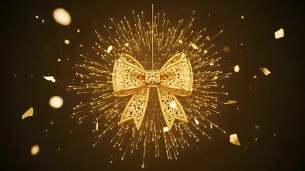 Wall Mural - golden decorative bow tie with radial light streaks on black background for festive celebrations