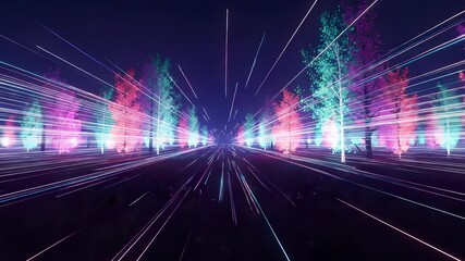 Wall Mural - vibrant glowing trees along a dark road with dynamic light streaks creating a futuristic and abstrac