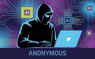 Anonymous hacker using ai technology on a laptop