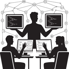 Team collaboration with developers working on computers connected in a network silhouette design
