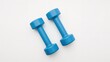 © AImmersive Imagery - Pair of blue dumbbells viewed from above on a white surface. Fitness and wellness theme with ample copy space.
