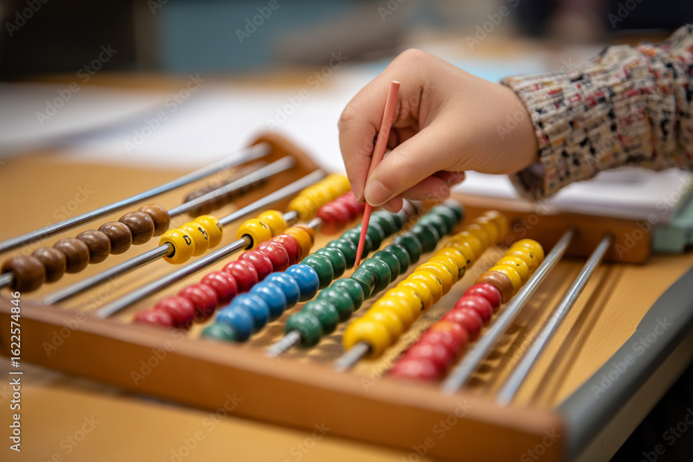 Hand Solving Math A close-up of a student's hand using an abacus to solve a math problem ...