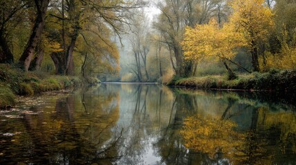  Tranquil Autumn Riverbank with Vibrant Reflections and Trees