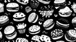 © Deabory - A stylized, black and white pattern featuring a variety of illustrated burgers and french fries