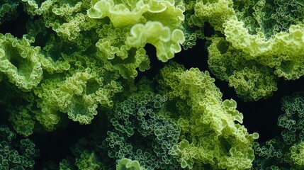 Algae texture surface dense formation on dark water with intricate organic patterns green tones macro lens top-down perspective