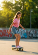 © Milan - Girl in a pink t-shirt skateboarding in a skate park at sunset. Vertical portrait of a young rider practicing on a board outdoors.