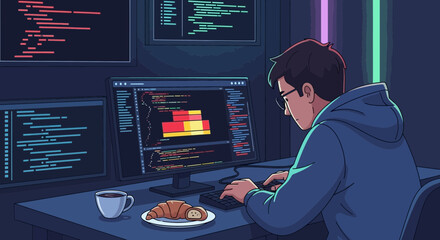 Developer Coding Late Night With Multiple Screens And Coffee