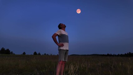 Wall Mural - amateur astronomer watching stars, moon, planets and other celestial objects from a field in nature.