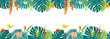© babayuka - Caribbean background seamless border. Vector tropical beach jungle leaves bg. Brazil green plant rainforest frame. Hawaiian tree foliage. Floral paradise patern. Endless exotic island palm leaf banner