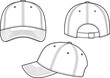 © Asif's Creatives - CAD drawing flat vector illustration of baseball cap, front back and side views, adjustable buckle strap, fashion design template