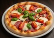 © Png stock 26 - Delicious pizza with salami mushrooms tomatoes and basil on white plate food italian