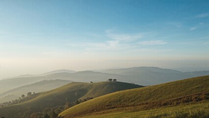 Wall Mural - a serene nature view of mist-covered hills at dawn