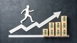 © extra - Businessman climbing graph with money bags on dark background