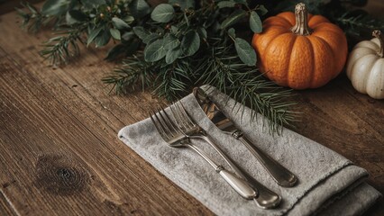 Wall Mural - Festive table setting featuring utensils and a folded napkin on rustic wood, detailed shot with blurred backdrop