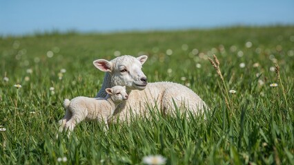 Wall Mural - A white lamb and its mother enjoy a sunny day in a natural meadow