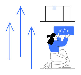 woman holding a coding board on one knee beside upward arrows and window layout diagram. ideal for p