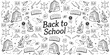© Anastasiia - Back to School rectangular banner doodle sketch set with educational elements. Black and white vector doodle with school elements. Notebook, books, paints. Vector illustration for study, school