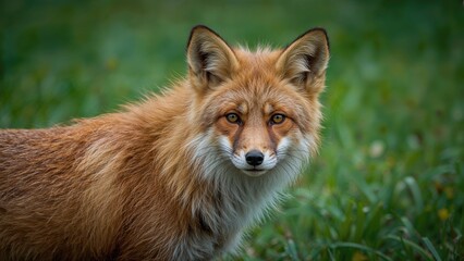 detailed image of a red fox with a green scenery