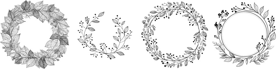 A circular arrangement of leaves, branches, and berries forms a floral border, depicted in a simple black outline doodle style on a white background