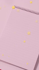Sticker - animation of gold stars falling over christmas decorations and notepad with copy space