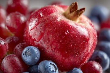 Wall Mural - Fresh red apple surrounded by blueberries and grapes with water droplets in bright light