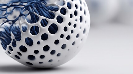 Abstract perforated sphere with intricate blue internal structure on white backdrop