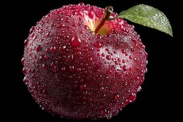Wall Mural - Freshly washed red apple covered in droplets resting on a dark background showcasing its vibrant color and texture