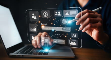 Wall Mural - person interacting with a futuristic holographic interface displaying ai and data analytics icons, s