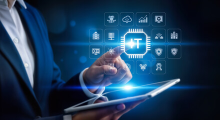 Wall Mural - a person in a suit interacts with a futuristic digital interface displaying it icons and a central c
