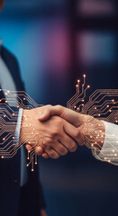 Wall Mural - close-up of two hands shaking, overlaid with glowing circuit lines, symbolizing digital partnership,