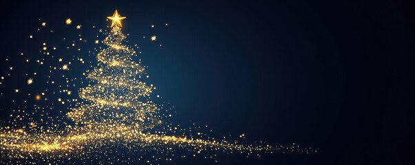 Wall Mural - golden glittering shiny christmas tree on blue background banner illustration
