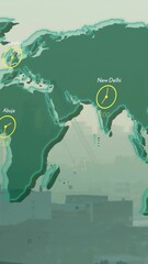 Wall Mural - animation of data processing and world map over cityscape