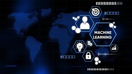 Futuristic machine learning technology conceptual visualization with world map and digital icons