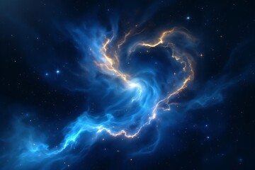 Swirling blue and gold nebula with stars in deep space galaxy cosmos