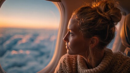 woman gazes thoughtfully out of an airplane window at a beautiful sunset over the clouds, lost in co